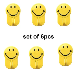 Set of 6 Plastic Self-Adhesive Smiley Face Hooks: 1 kg Load Capacity